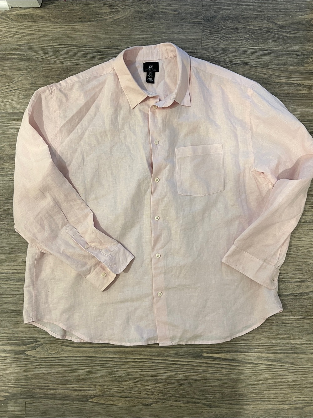 H&M Men’s Pale Pink Long-Sleeve Button-Down Shirt Linen Cotton Size XL